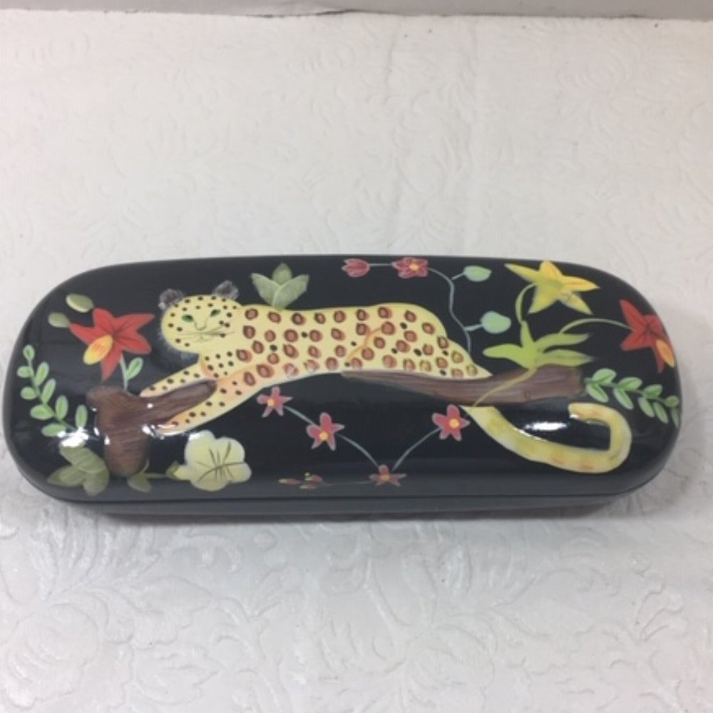 Hand Painted Leopard Floral Design 👓Eyeglasses👓 Hard Case Black Shiny